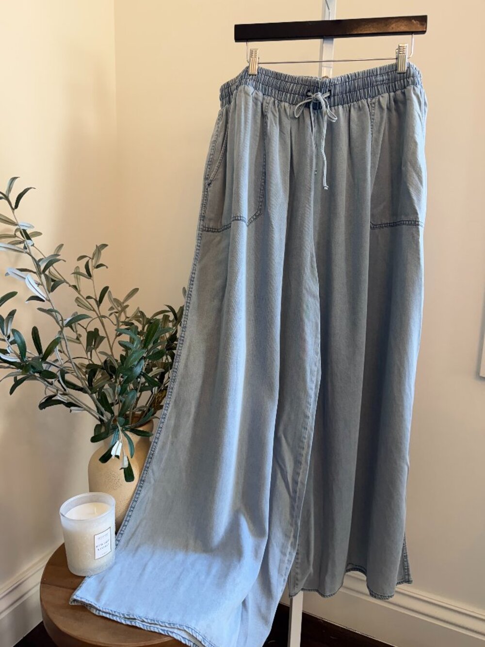 EASEL WASHED CHAMBRAY WIDE LEG PANTS 100% TENCEL